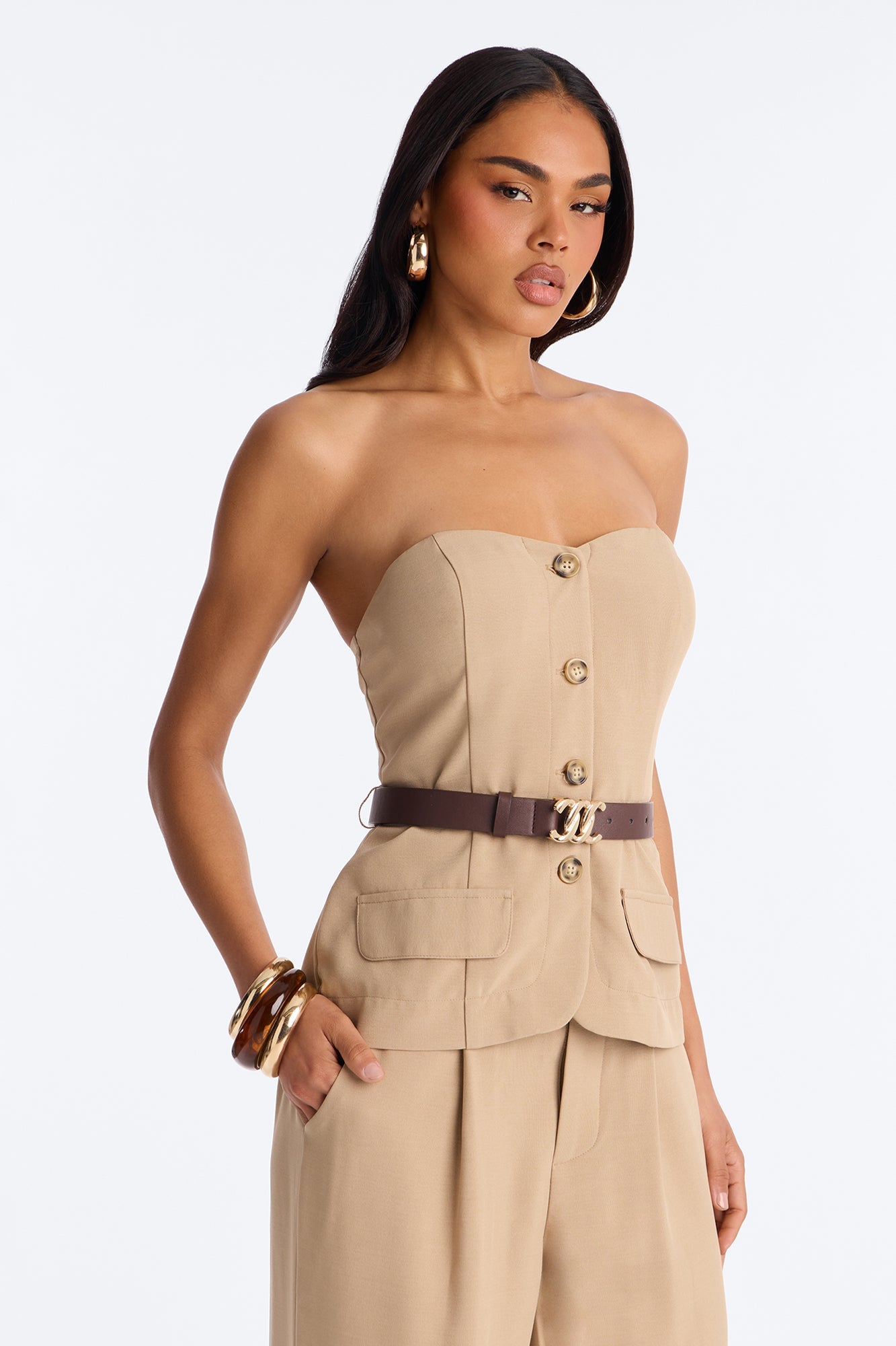Victoria Belted Vest Pant Set - Taupe