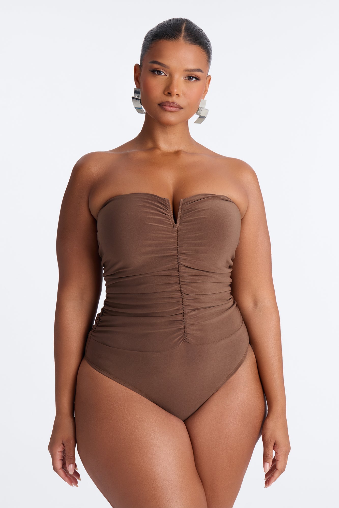 Gentle Blossom Ruched Notch Neck Strapless Bodysuit - Mocha