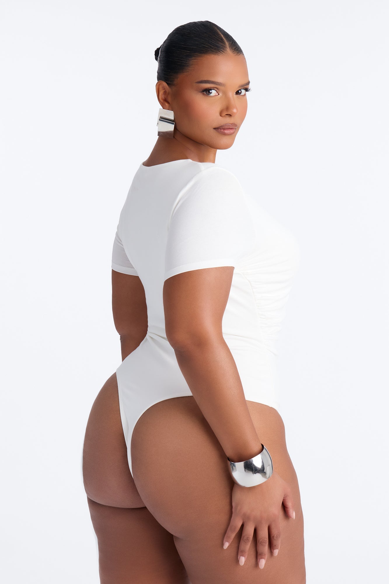 Danielle Deep V Neck Short Sleeve Bodysuit - White