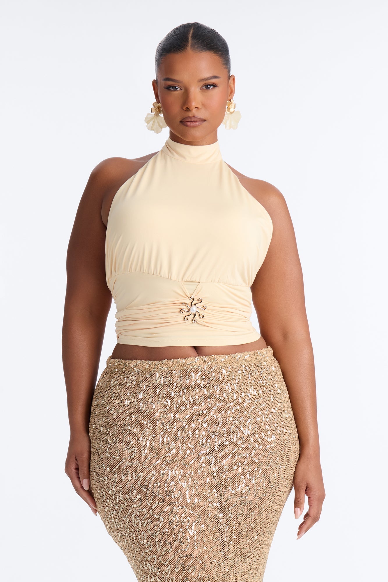 Sun Daydream Ruched High Neck Halter Top - Butter Yellow