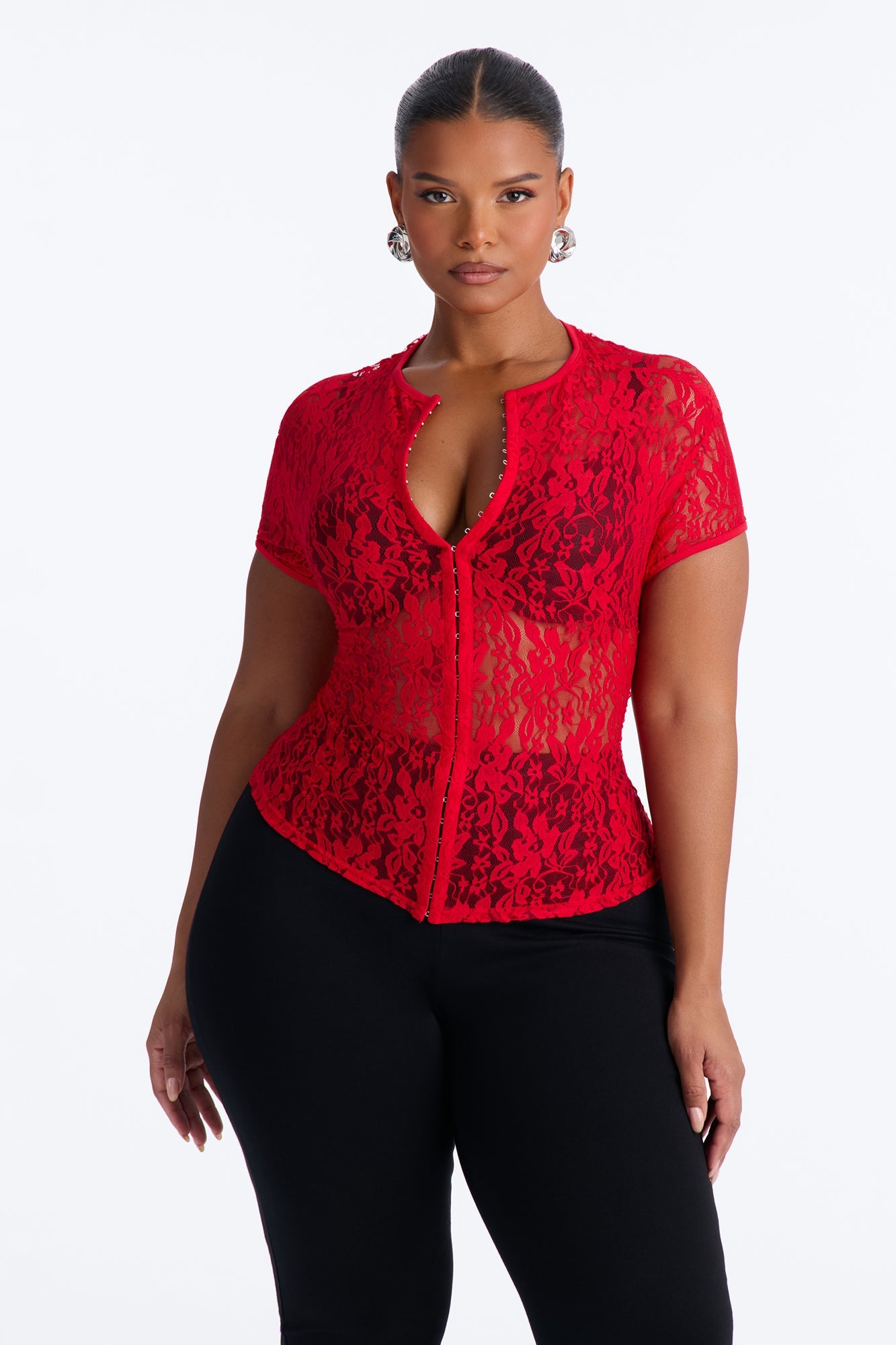 Lani Lace Mock Neck Cap Sleeve Top - Red