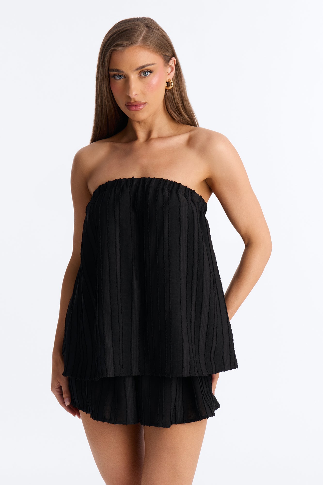 Kayley Strapless Tiered Romper - Black