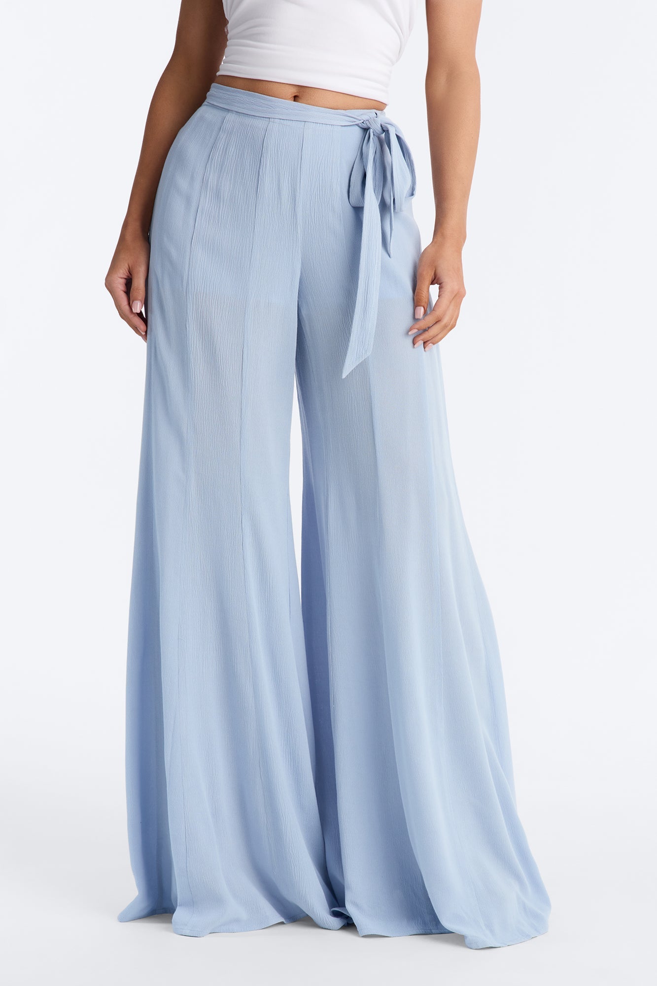 Kelsey Mid Rise Tie Waist Flowy Wide Leg Pant 34″ - Light Blue