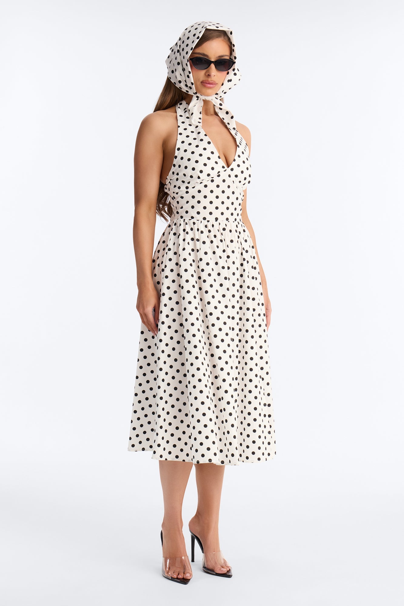 Darla Halter Polka Dot Midi Dress - White/Black