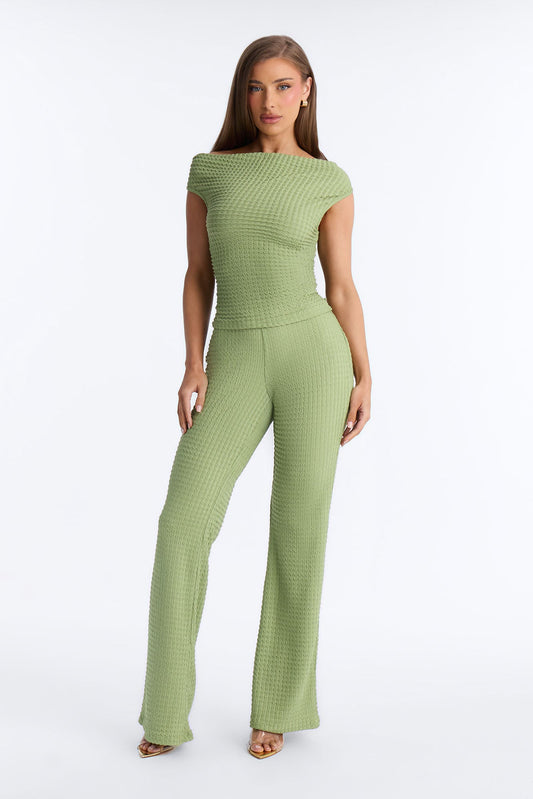 Sadie Textured Off Shoulder Pant Set - Sage