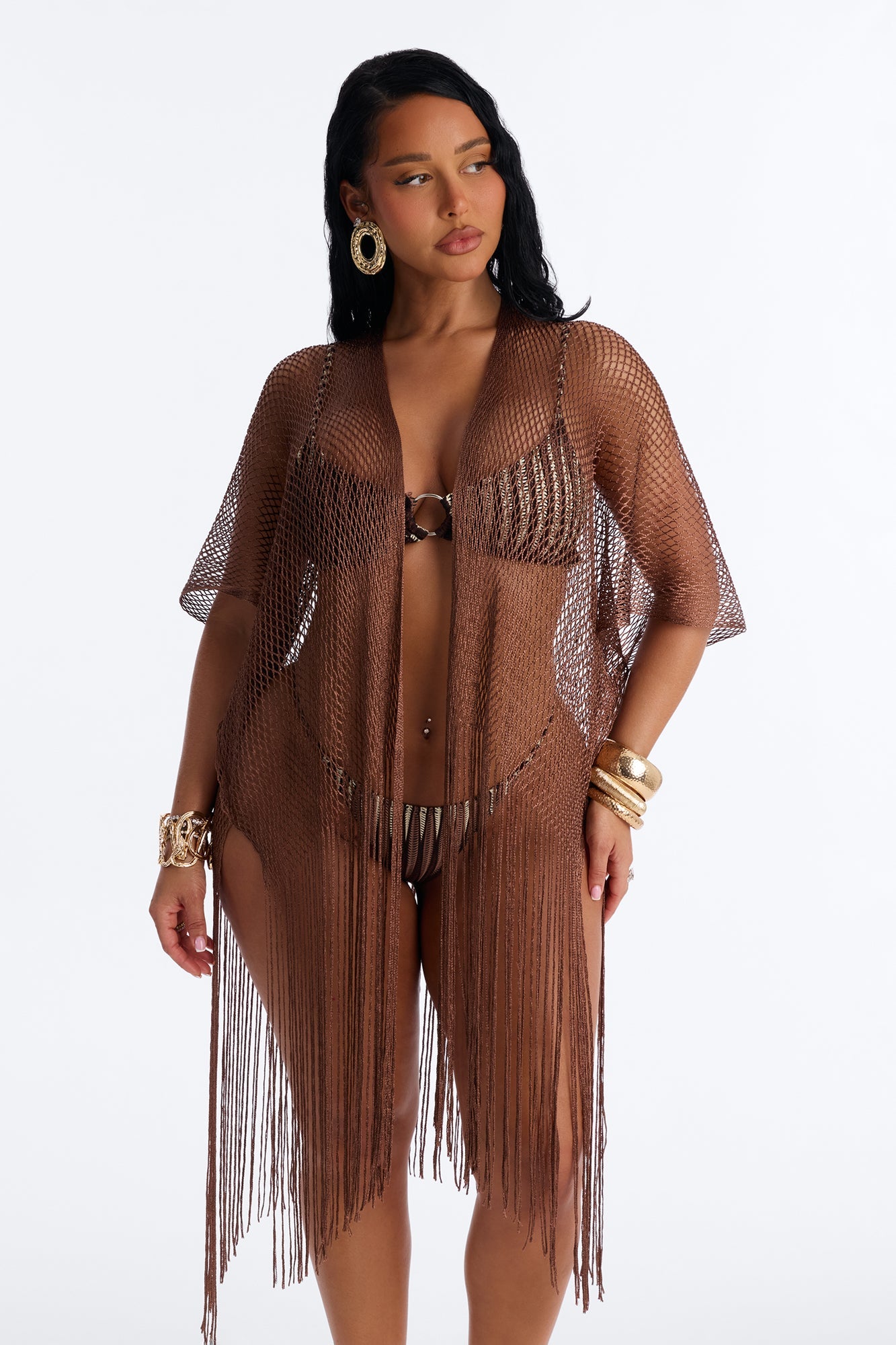 Paula Shimmer Fringe Swim Cover Up Kimono - Bronze