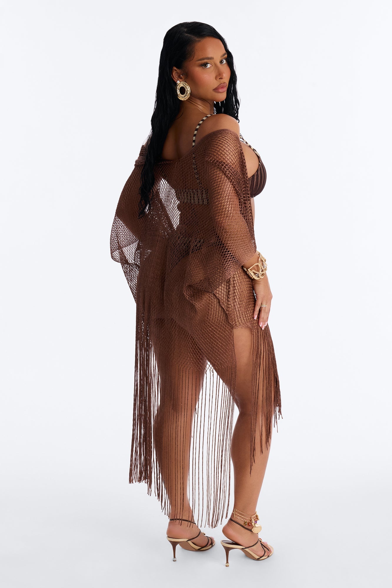 Paula Shimmer Fringe Swim Cover Up Kimono - Bronze
