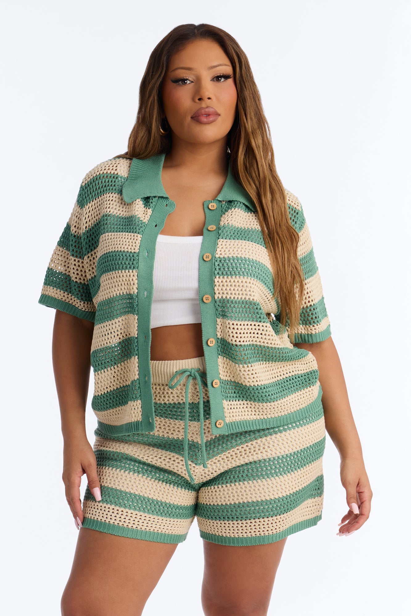 By The Waves Crochet Short Set - Green/combo