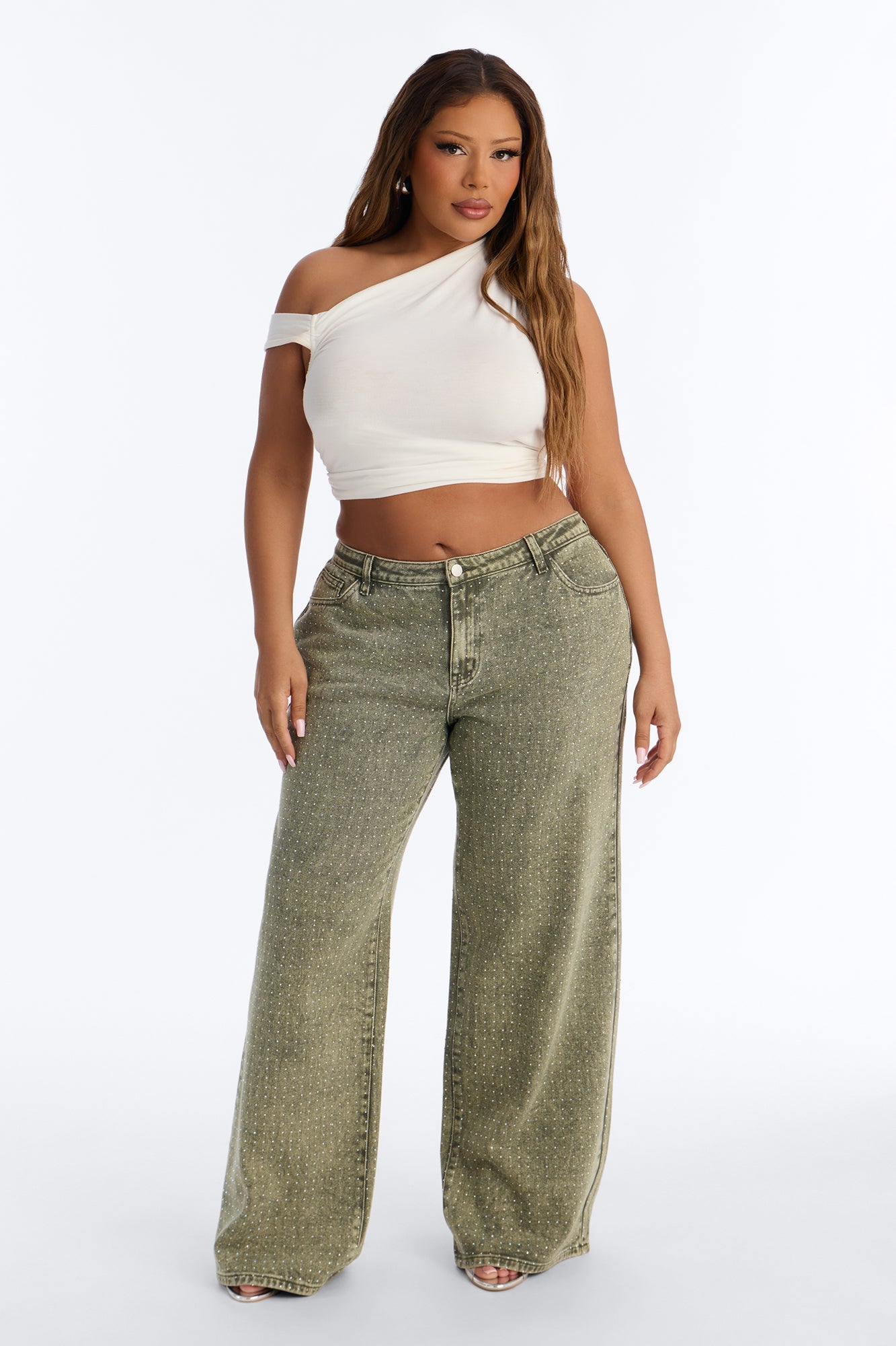 Dazzling Days Low Rise Washed Embellished Pant - Olive