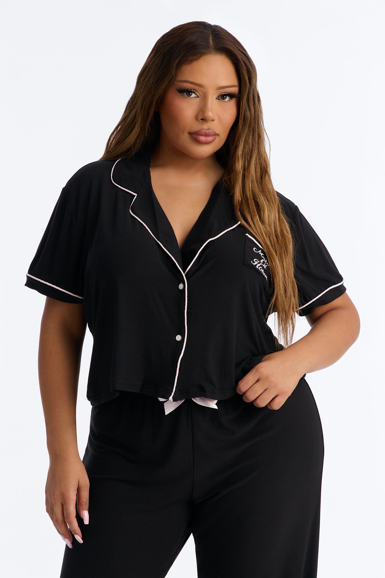 Maid Of Honor Time Notch Collar PJ Pant Set - Black/Pink