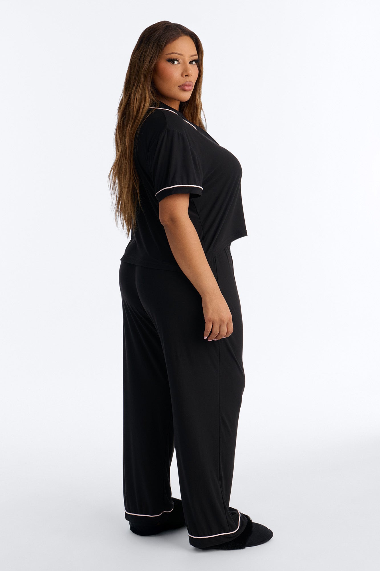 Maid Of Honor Time Notch Collar PJ Pant Set - Black/Pink