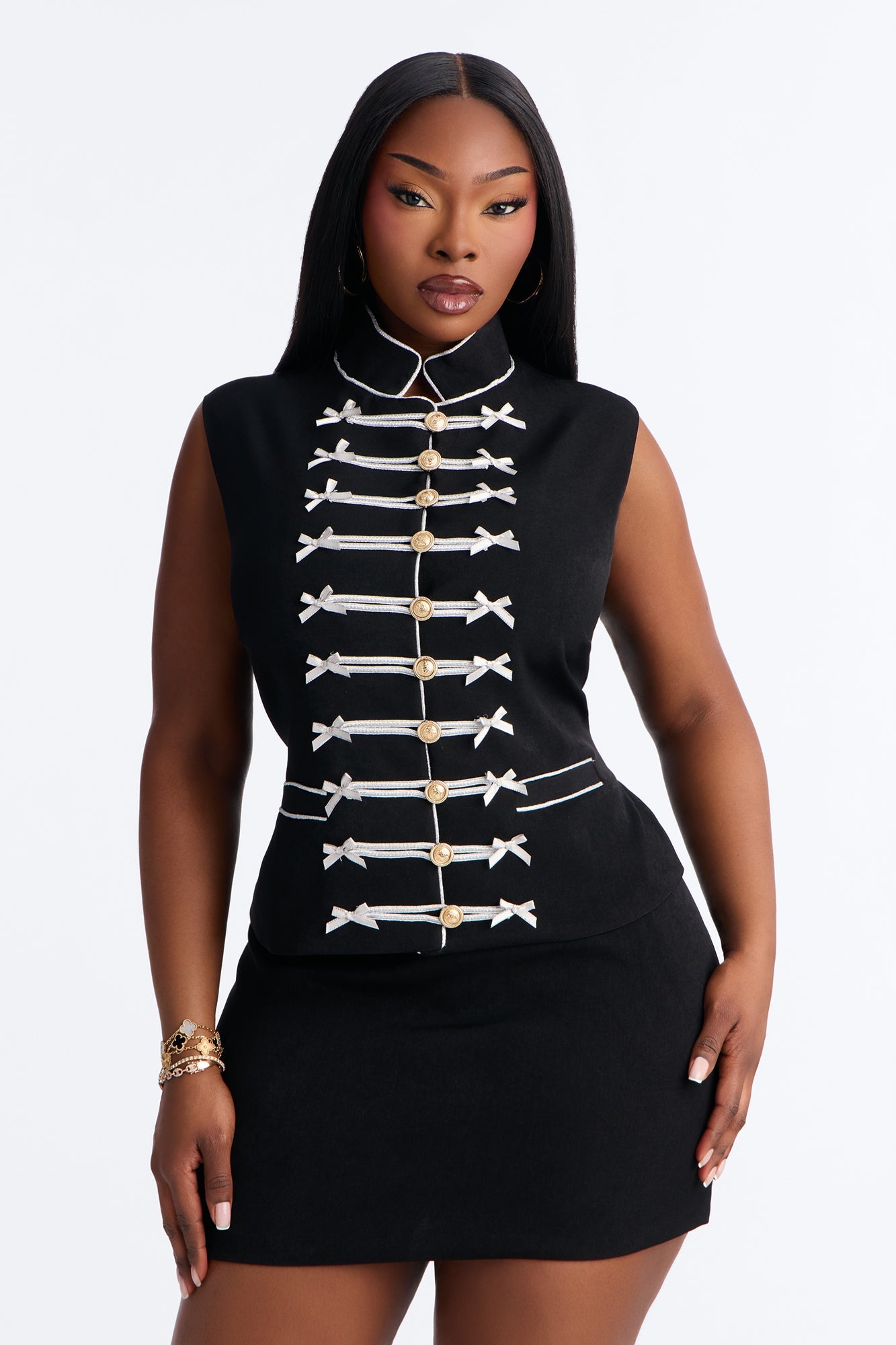 Regal Ribbon Button Up Skirt Set - Black