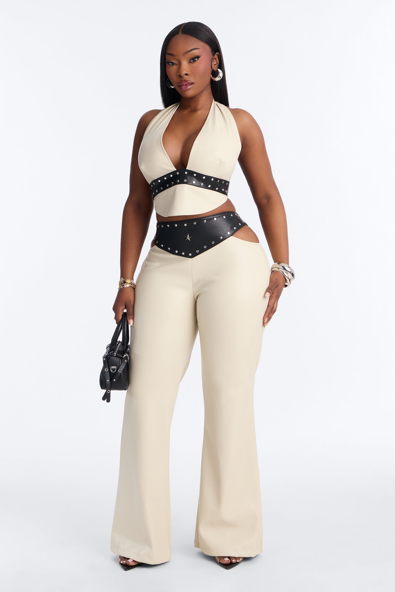 Natasha Faux Leather Studded Pant Set - Cream