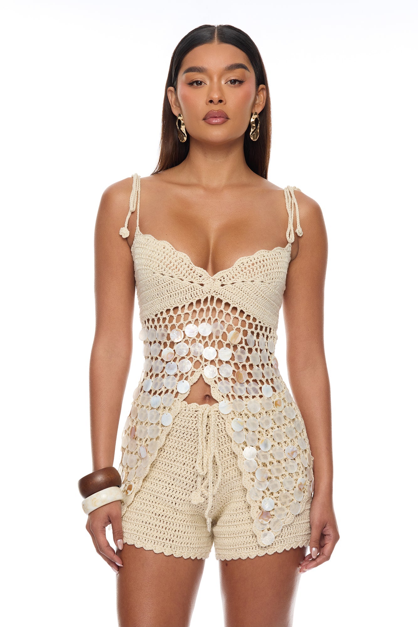 Sea Serenity Shell Crochet Short Set - Sand
