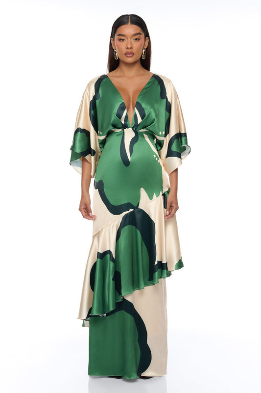 Veronika Short Sleeve Satin Maxi Dress - Green/combo