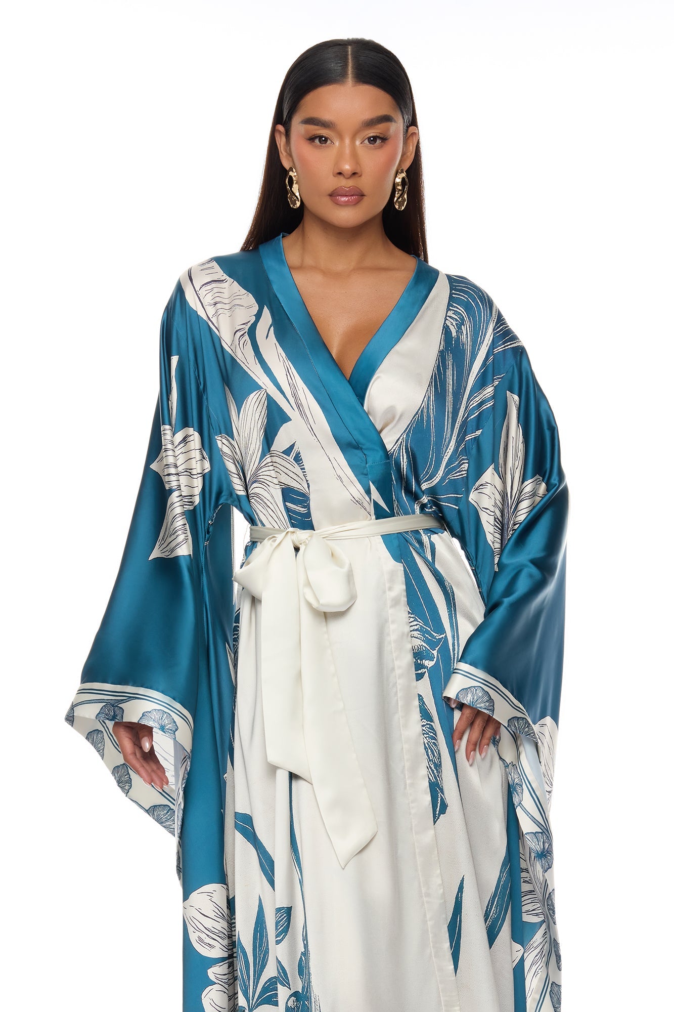 Junie Bell Sleeve Satin Kimono - Teal/combo