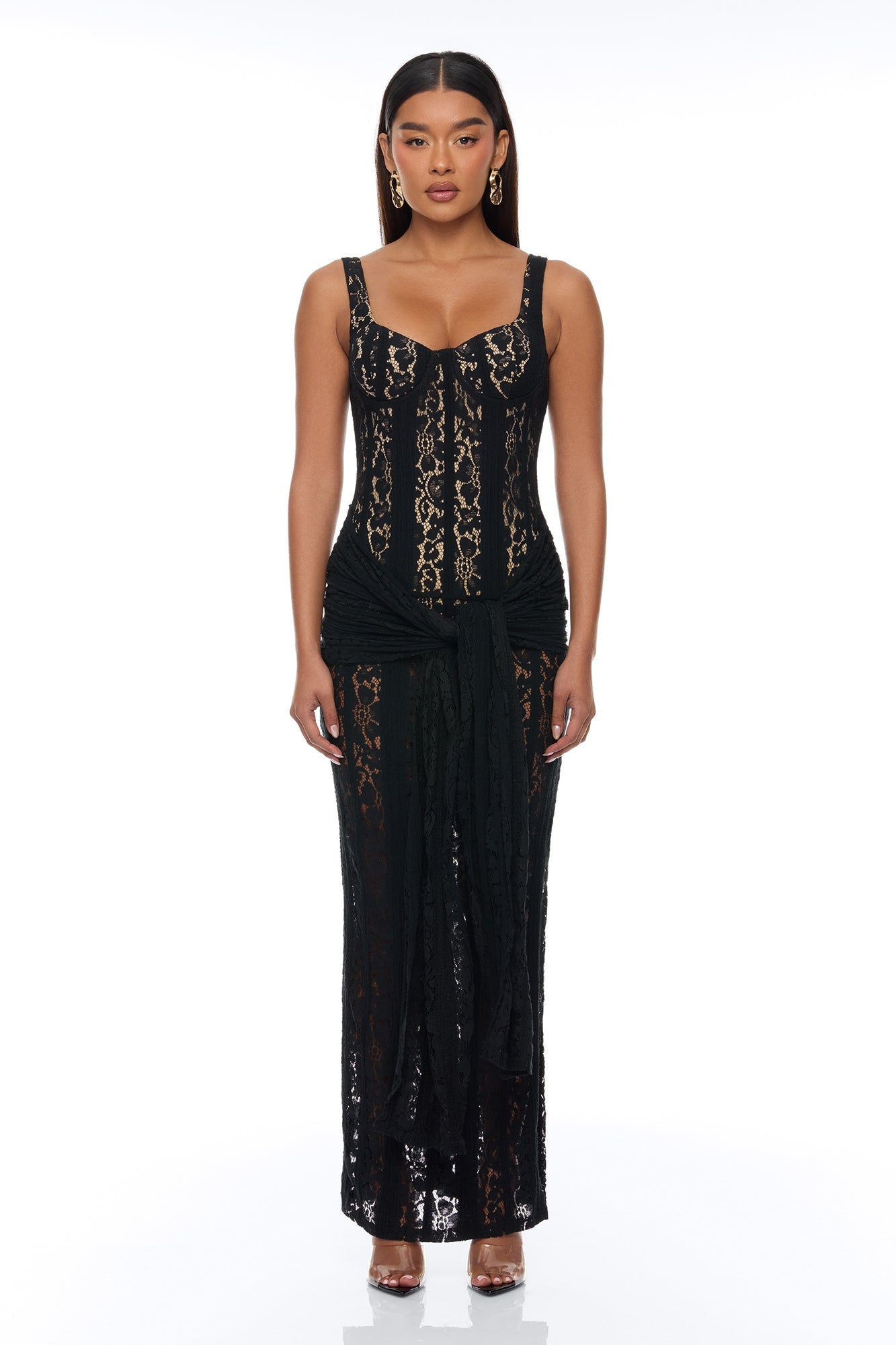 Martina Draped Lace Maxi Dress - Black