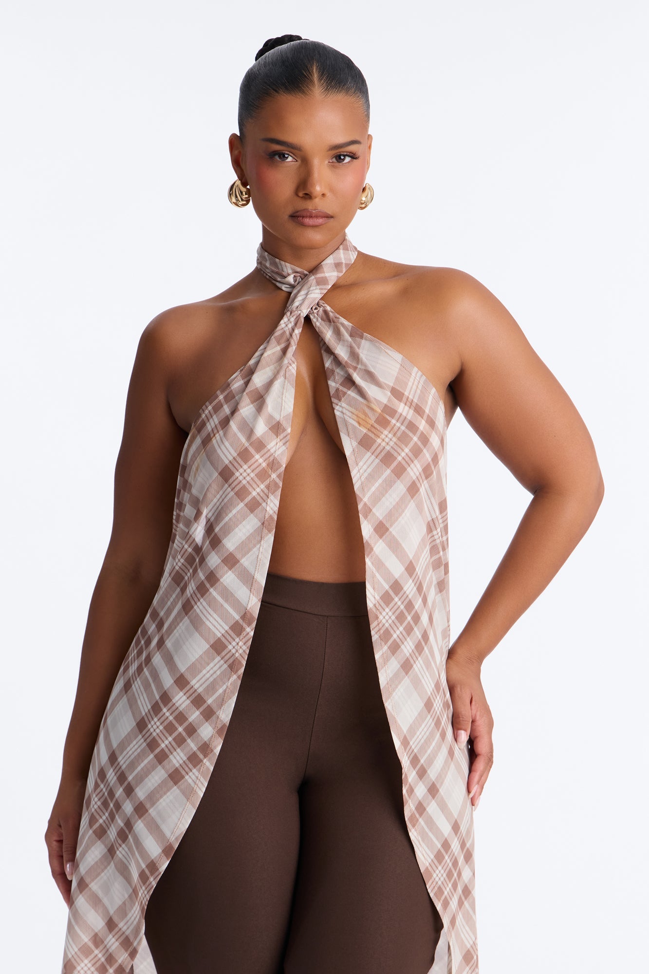 Plaid Vision Mesh Flyaway Halter Top - Cream/combo