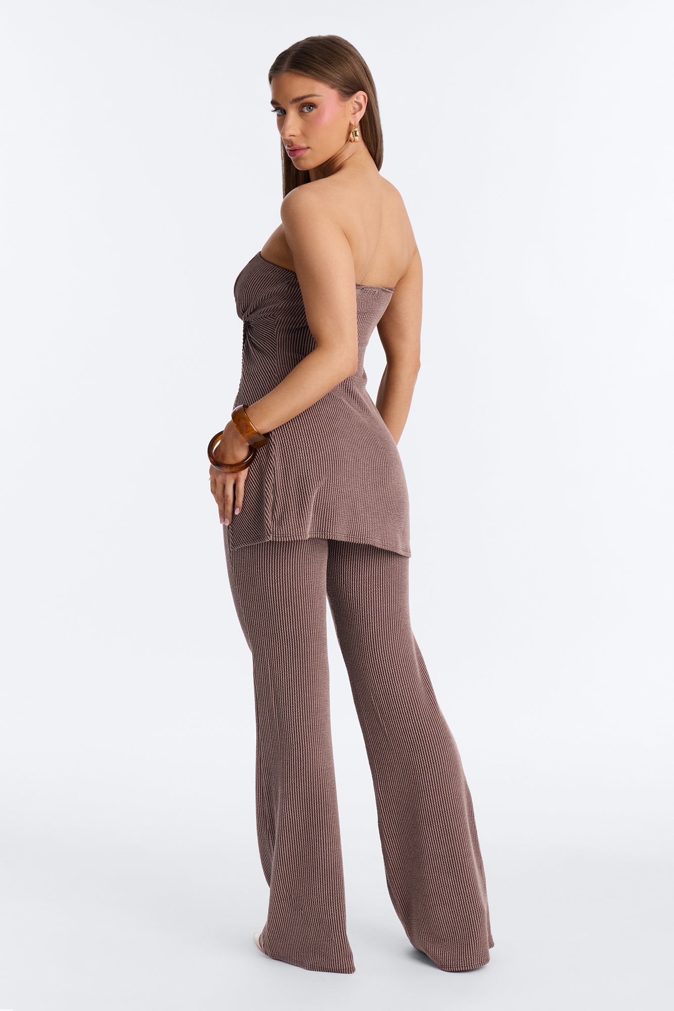 Mona Textured Strapless Flare Pant Set - Mocha