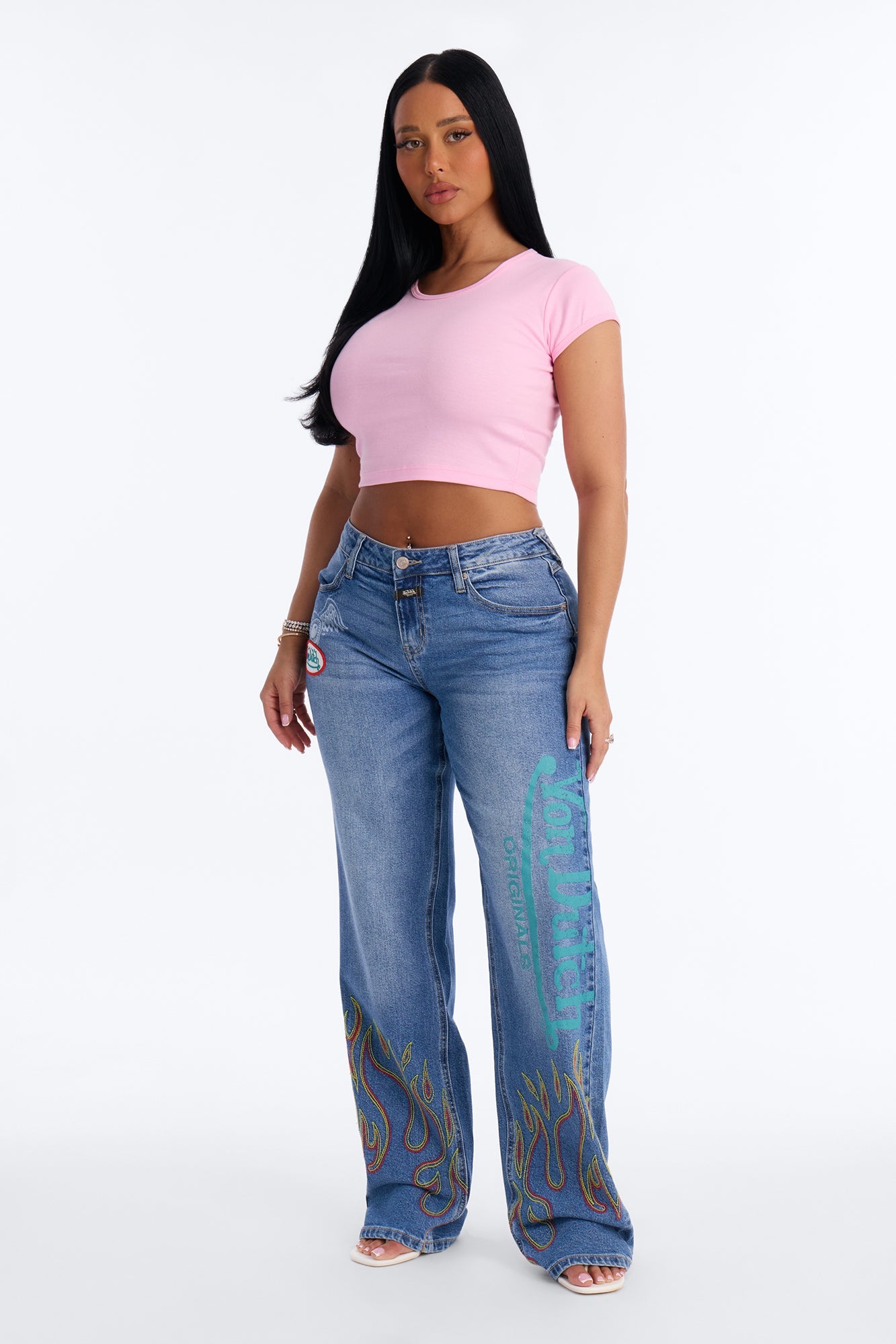 Von Dutch Flame Print Straight Leg Jeans - Medium Wash