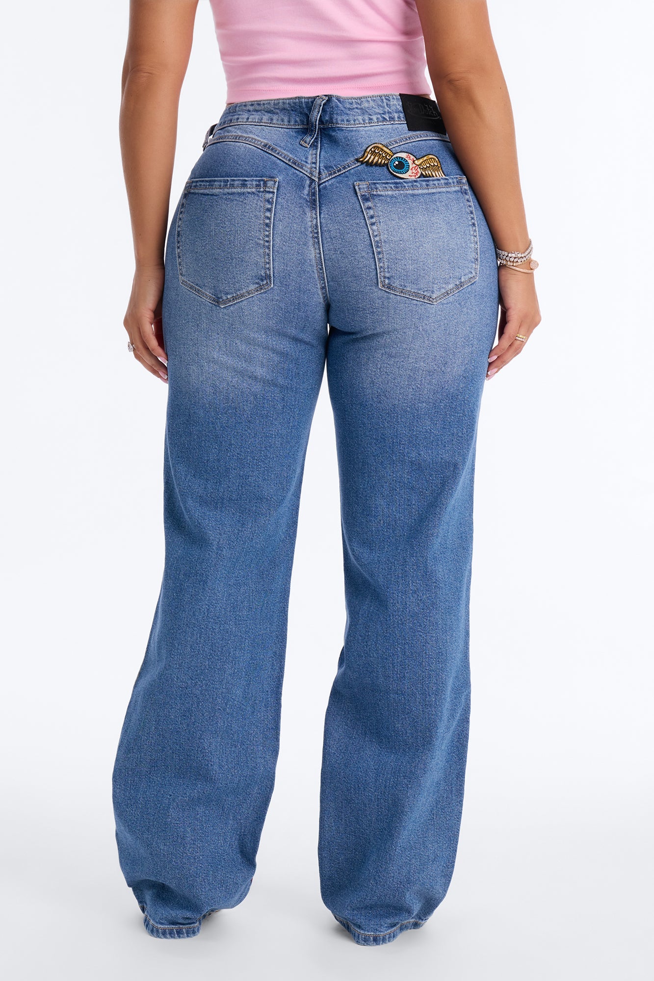Von Dutch Flame Print Straight Leg Jeans - Medium Wash