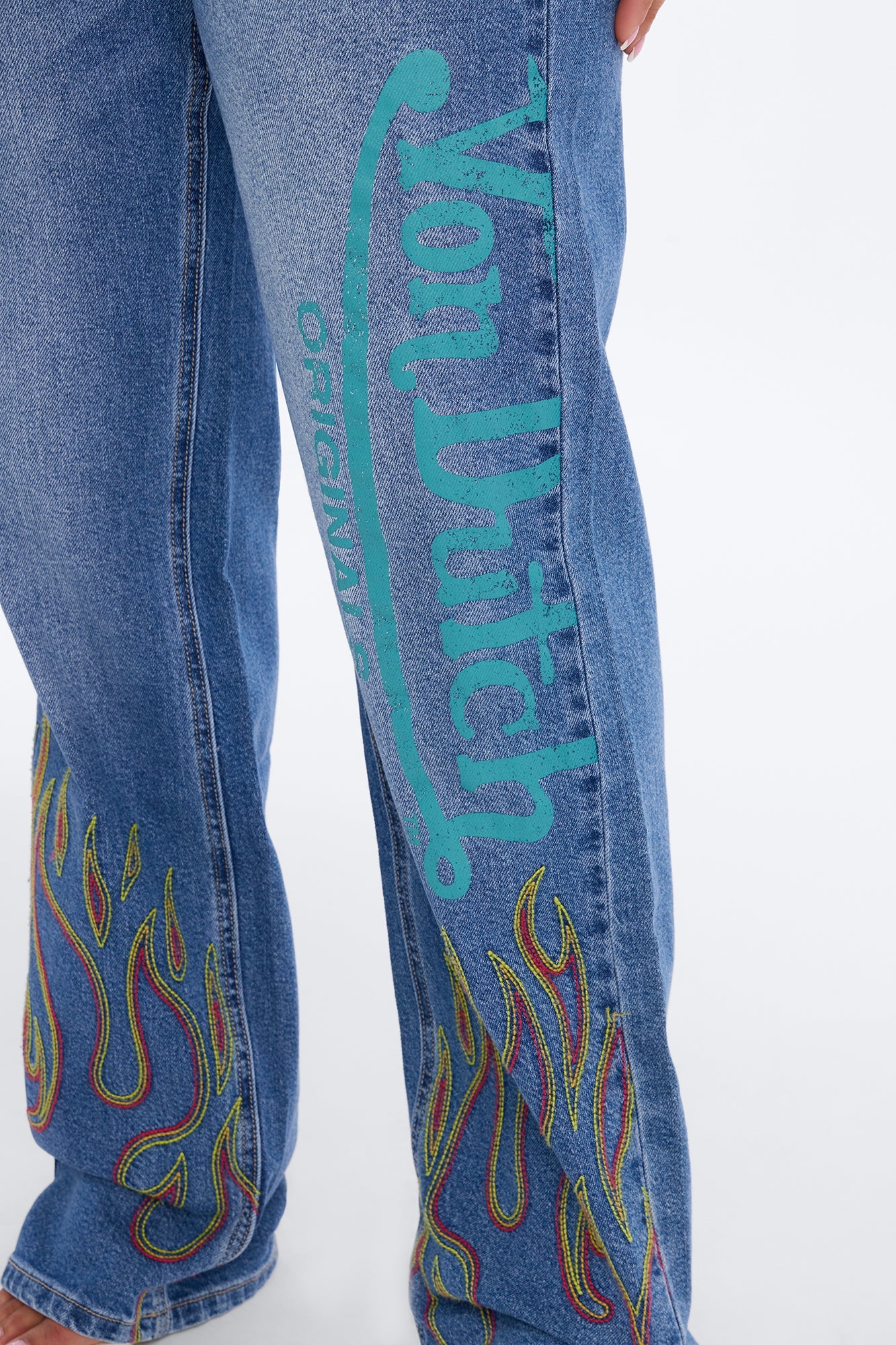 Von Dutch Flame Print Straight Leg Jeans - Medium Wash