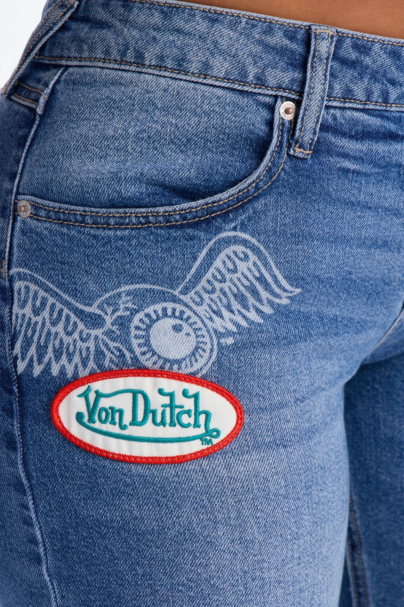 Von Dutch Flame Print Straight Leg Jeans - Medium Wash