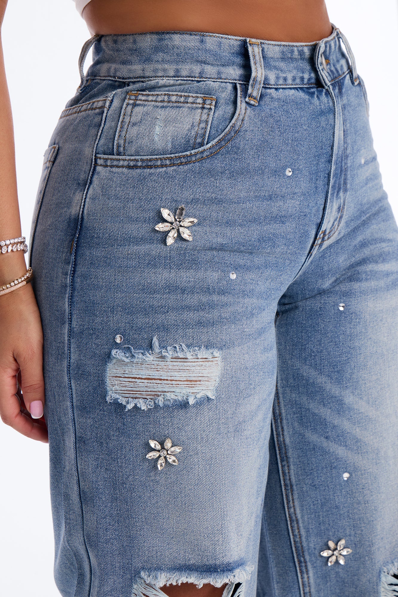 Always Delicate Floral Embellished Wide Leg Jeans - Medium Wash