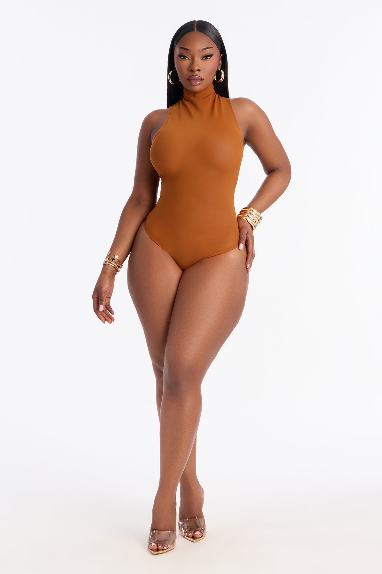 Power Mesh Turtle Neck Sleeveless Bodysuit - Copper