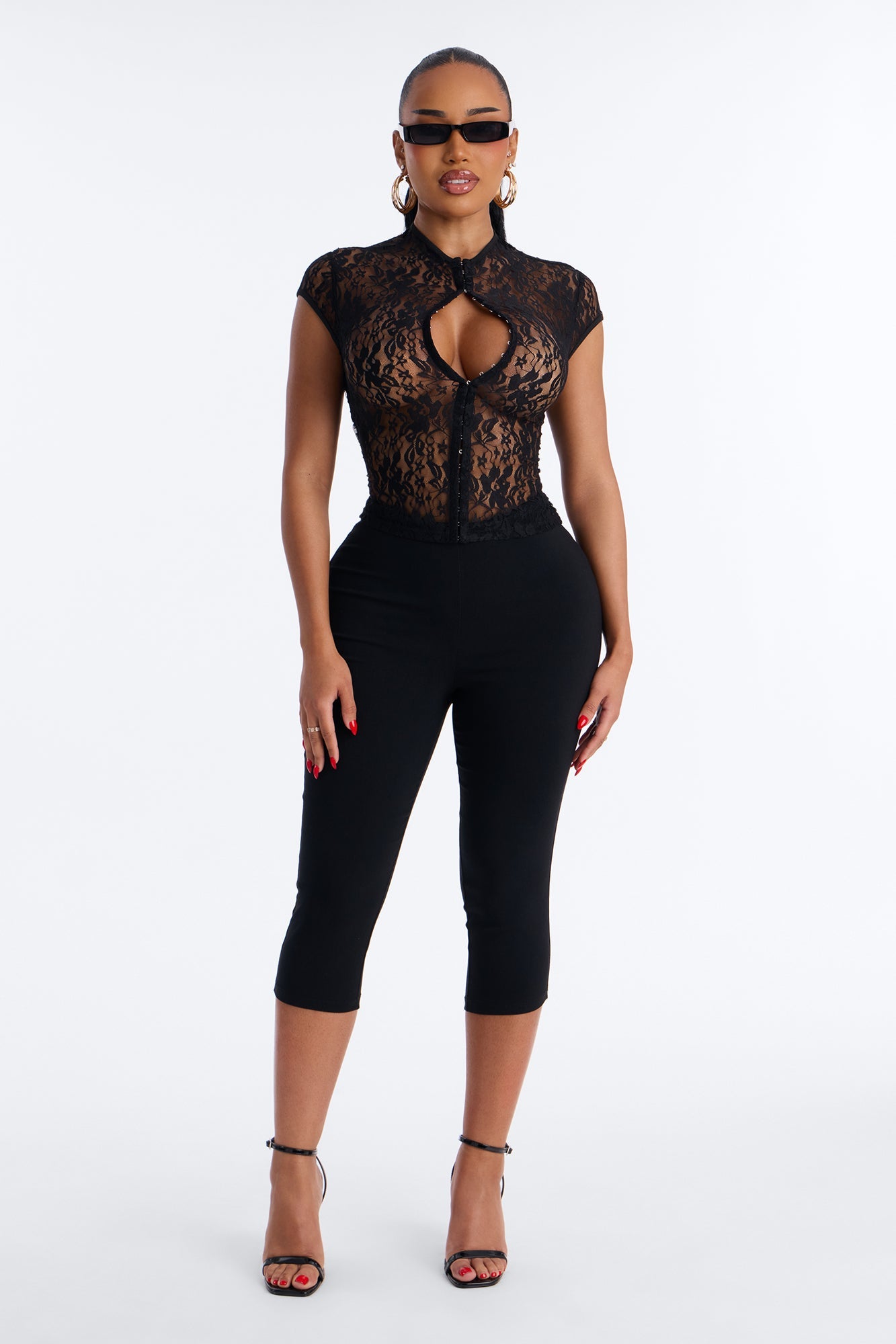 Lani Lace Mock Neck Cap Sleeve Top - Black