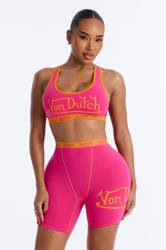 Von Dutch Contrast Stitching Bralette Boyshort High Waist 2 Piece Set - Fuchsia