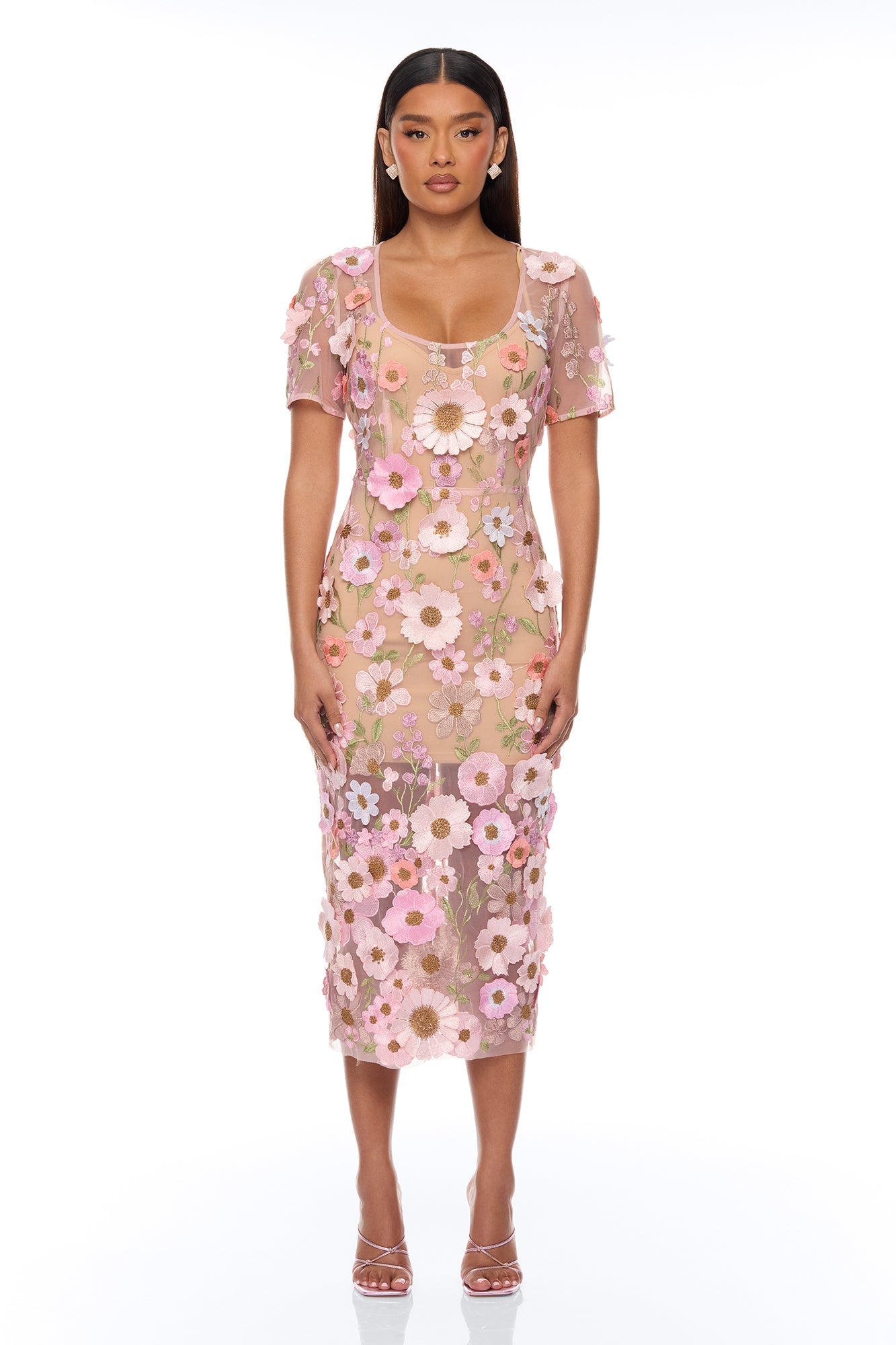 Rosewood Floral Embroidered Mesh Midi Dress - Pink/combo