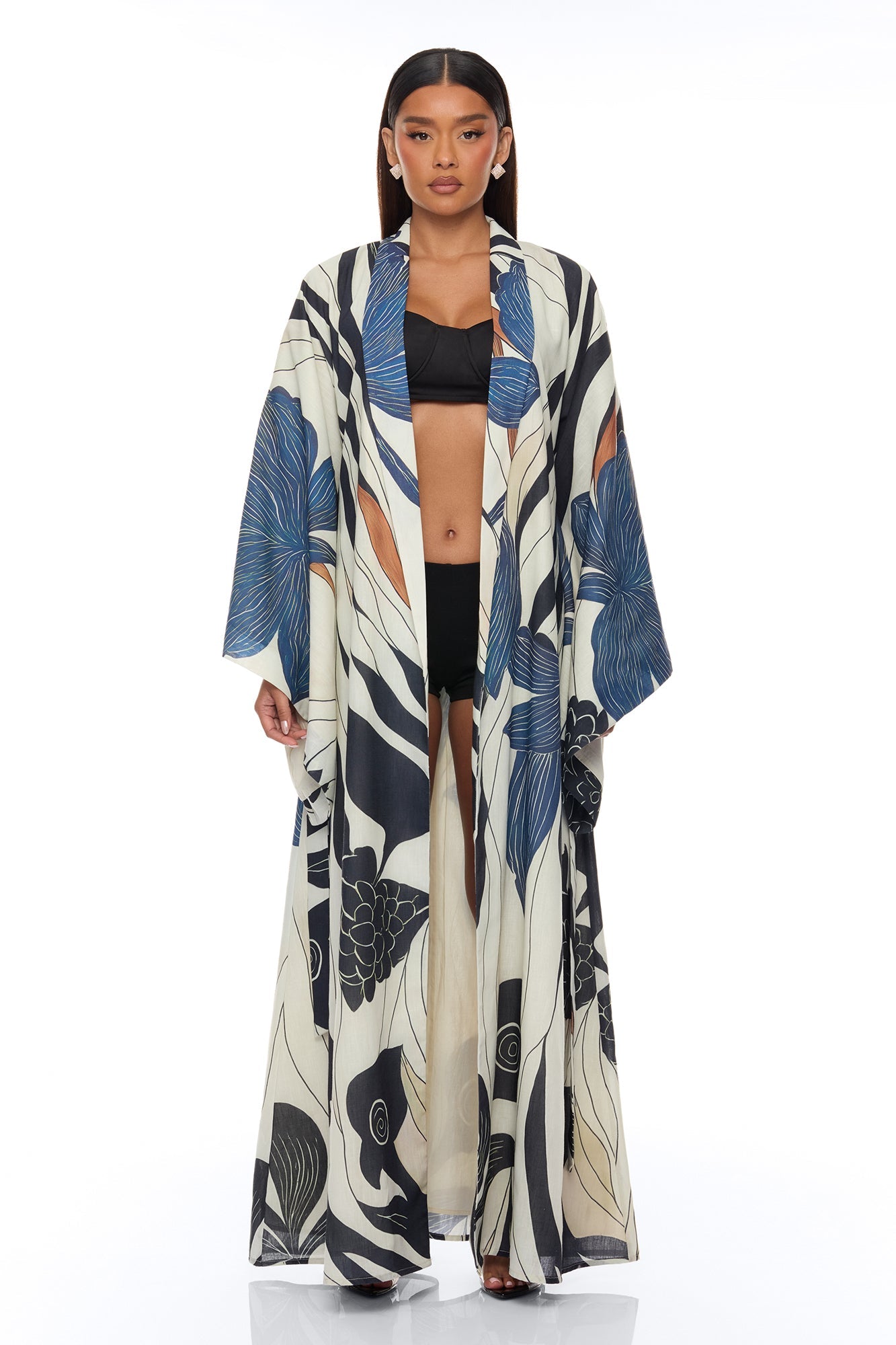 Daniella Bell Sleeve Linen Kimono - Navy/combo