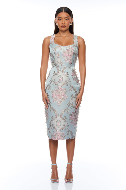 Alyssa Pearl Jacquard Midi Dress - Dusty Blue