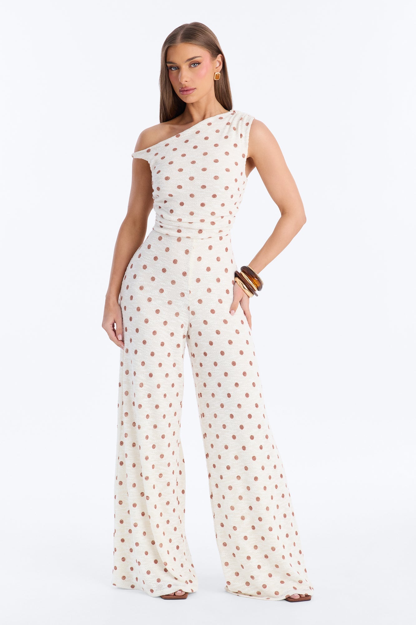 Natalia Polka Dot Knit Off Shoulder Jumpsuit - Cream