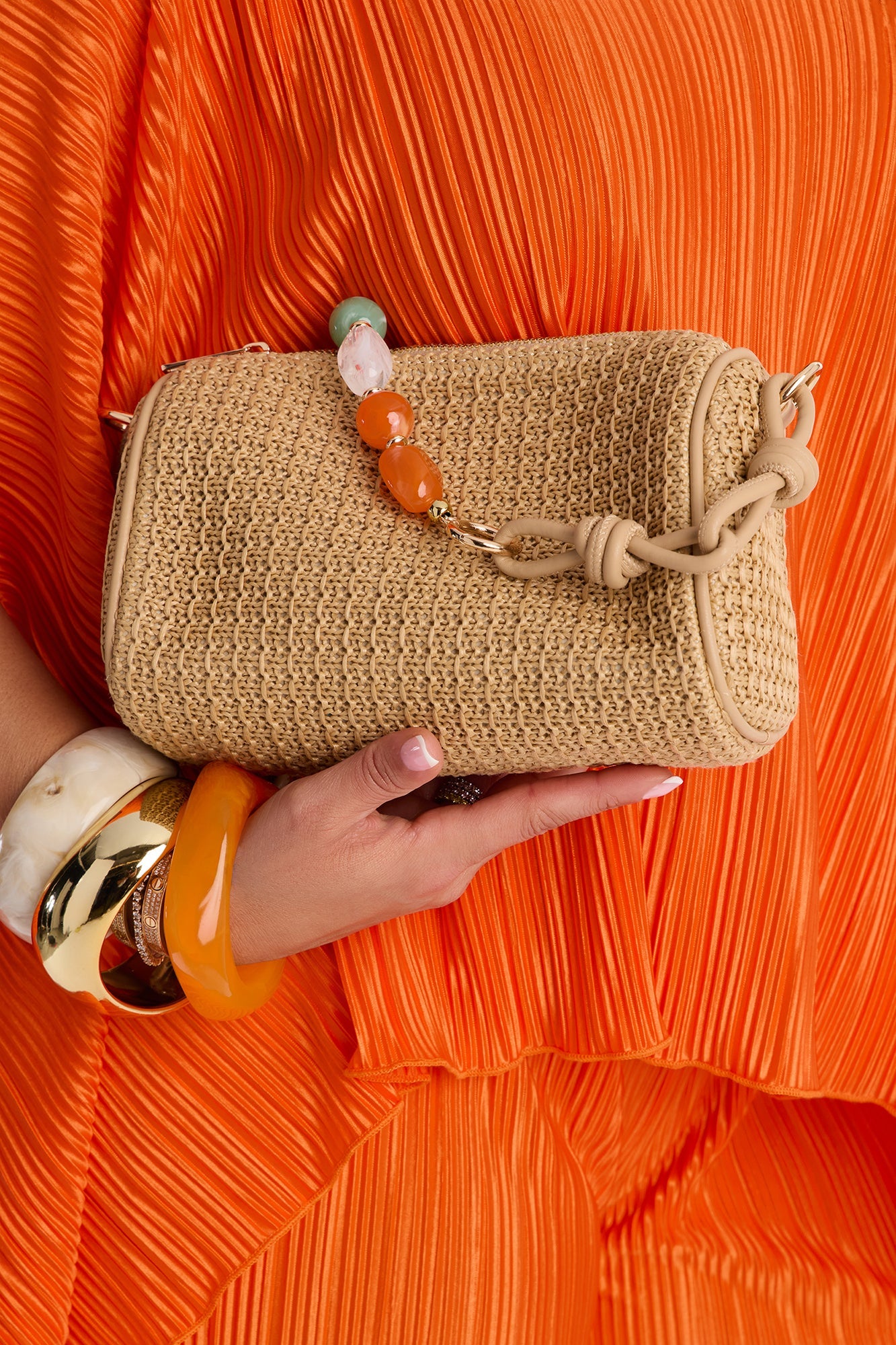 Sand And Sea Straw Jeweled Shoulder Handbag - Tan