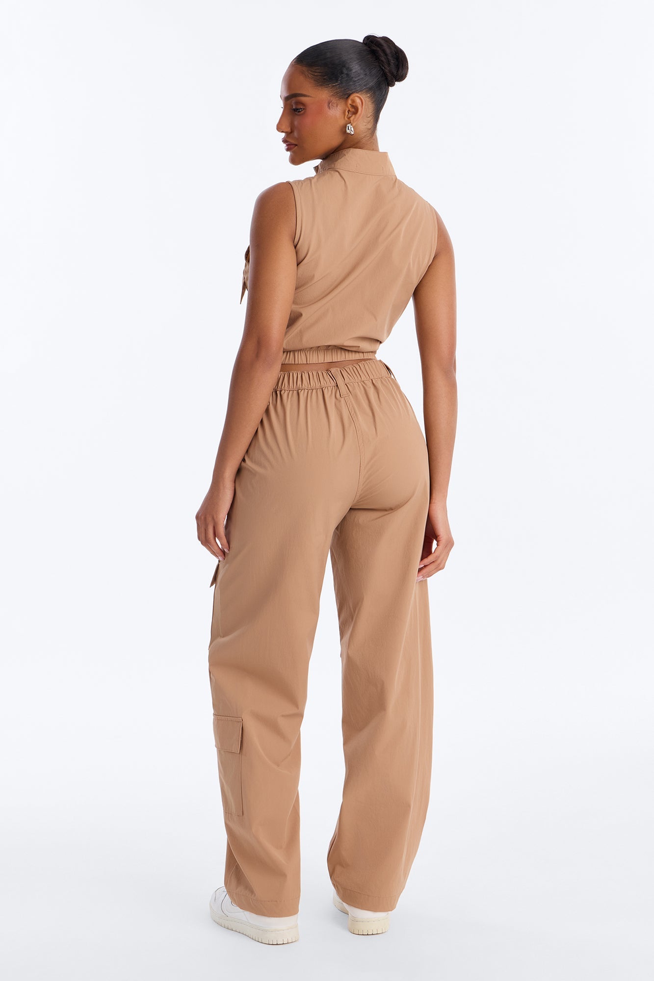 Nessa Nylon Cargo Sleeveless Vest Pant Set - Tan