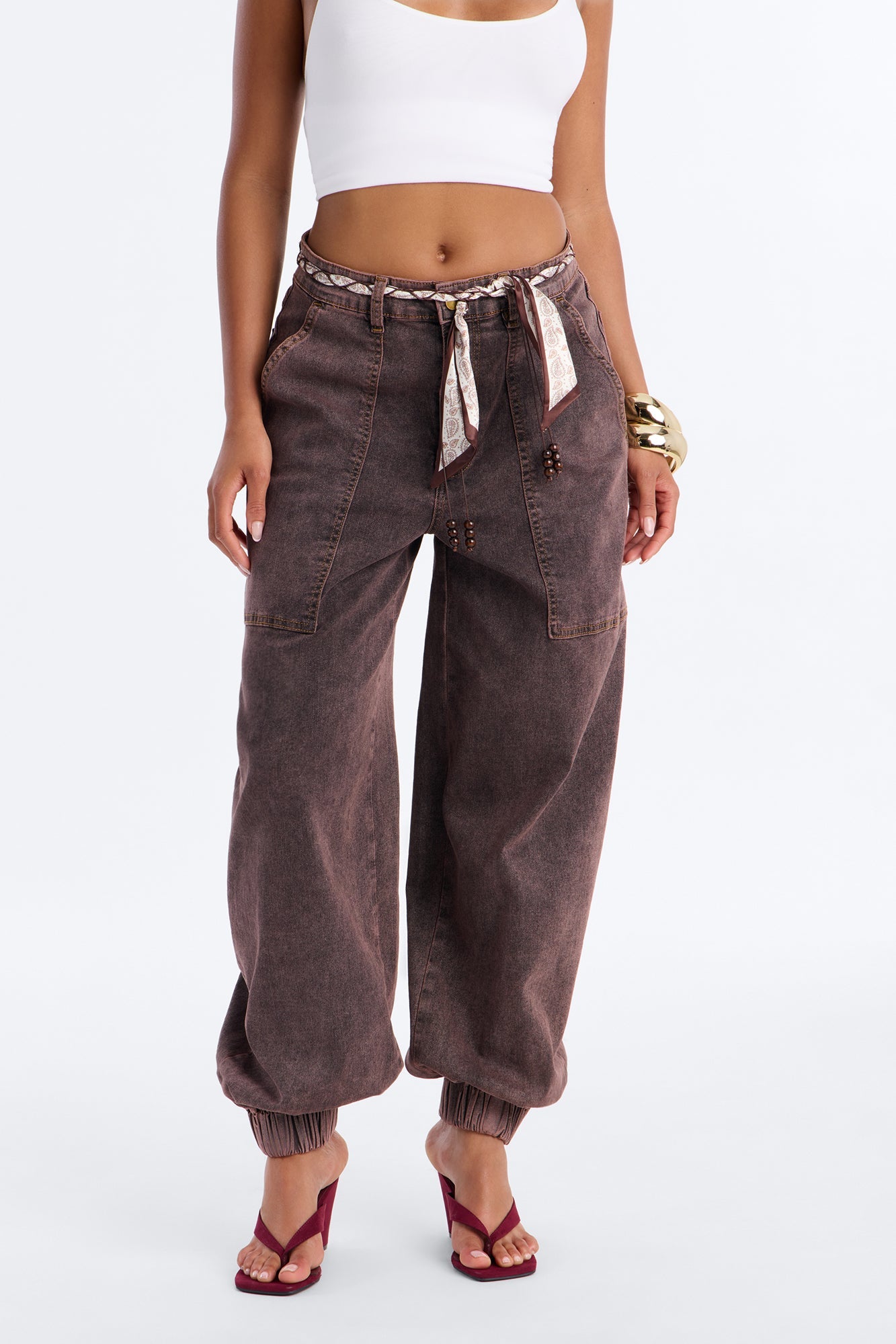 Spontaneous Plans Belted Jogger Jeans - Brown