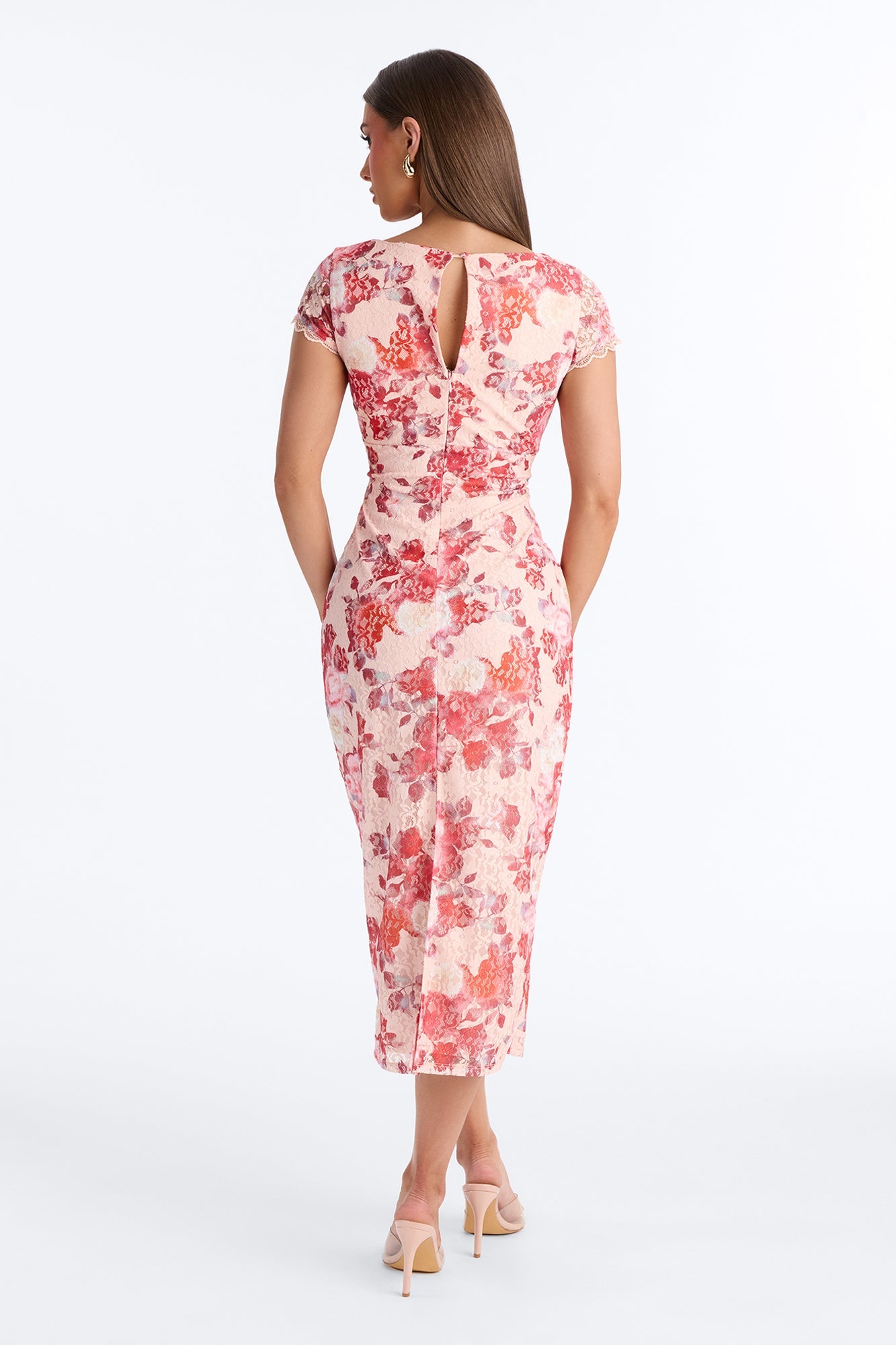 Charlotte Floral Lace Midi Dress - Red/combo