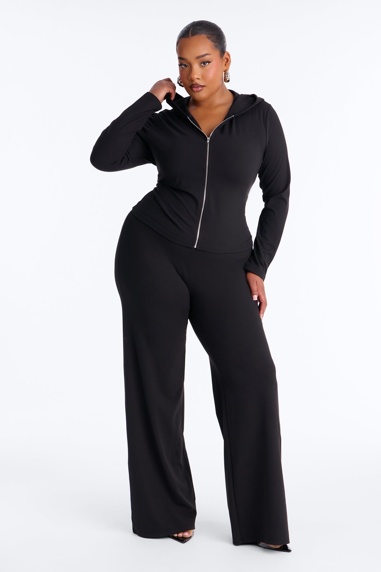Casual Vibe Zip Up Hoodie Pant Set - Black