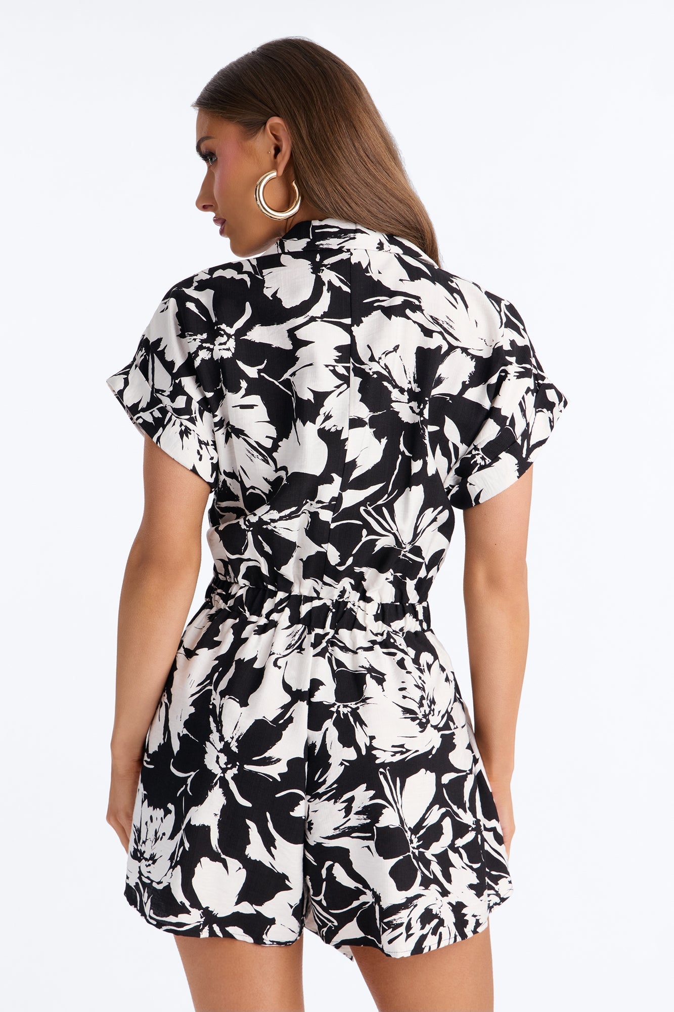 Miley Linen Floral Romper - Black/White