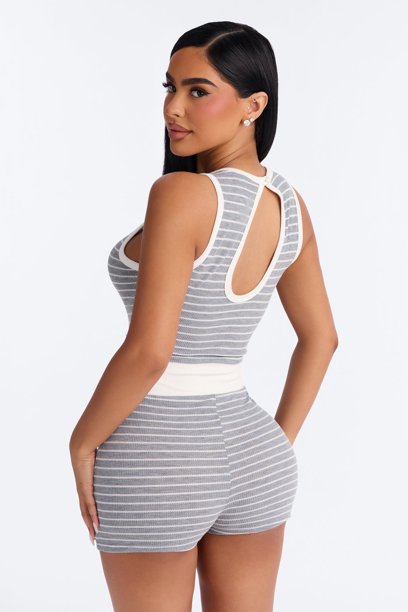 Willow Striped Waffle Knit Romper - Charcoal