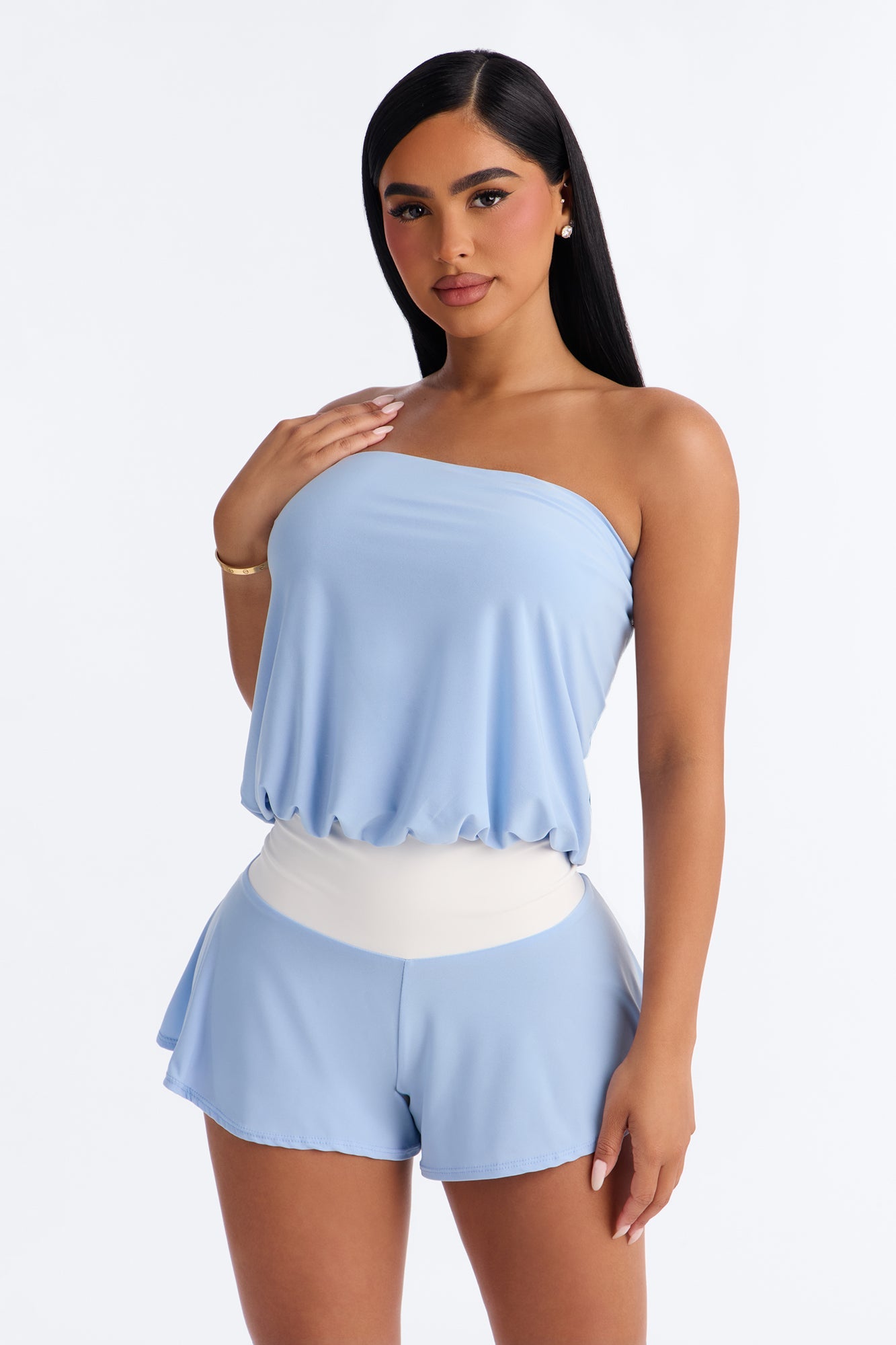 Sara Strapless Contrast Romper - Blue