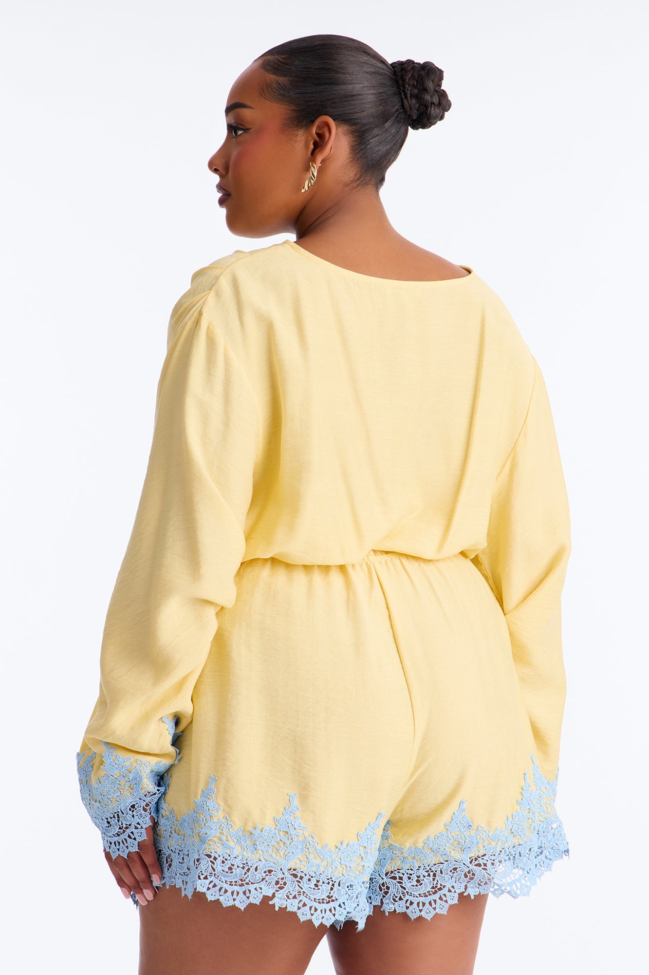 Cherie Lace Trim Tie Waist Romper - Butter Yellow