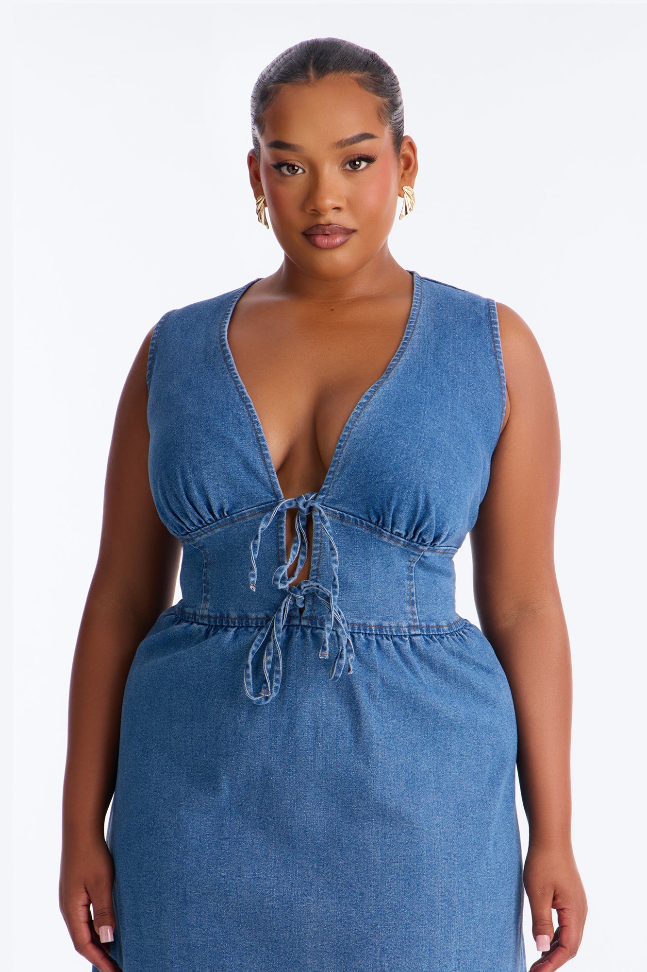 Rory Pleated Denim Midi Dress - Medium Wash