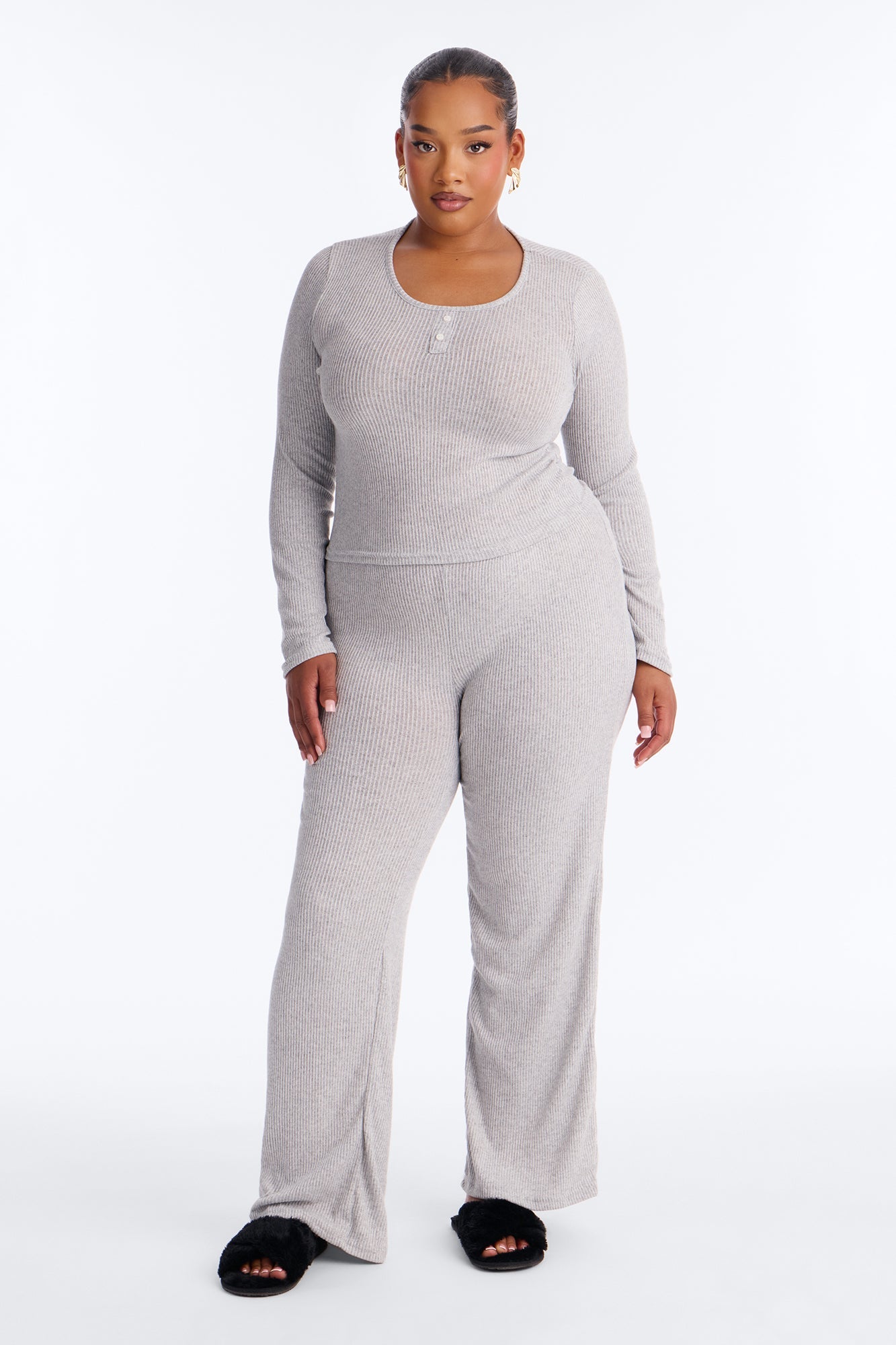 Slumber Haven Ribbed Long Sleeve PJ Pant Set - Heather Grey