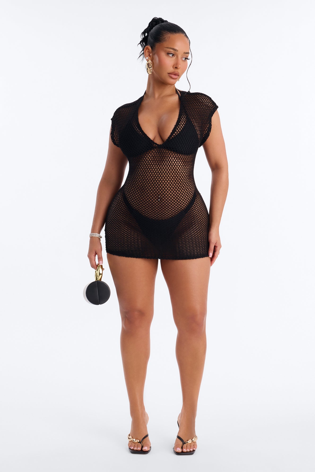 Heat Struck Short Sleeve Mini Swim Cover Up Dress - Black