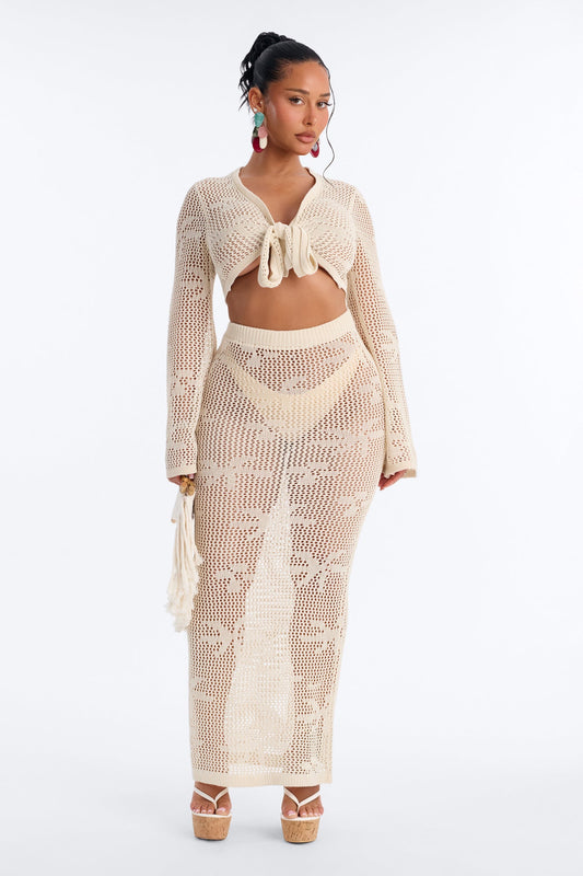 Paige Crochet 2 Piece Floral Swim Cover Up Set - Cream