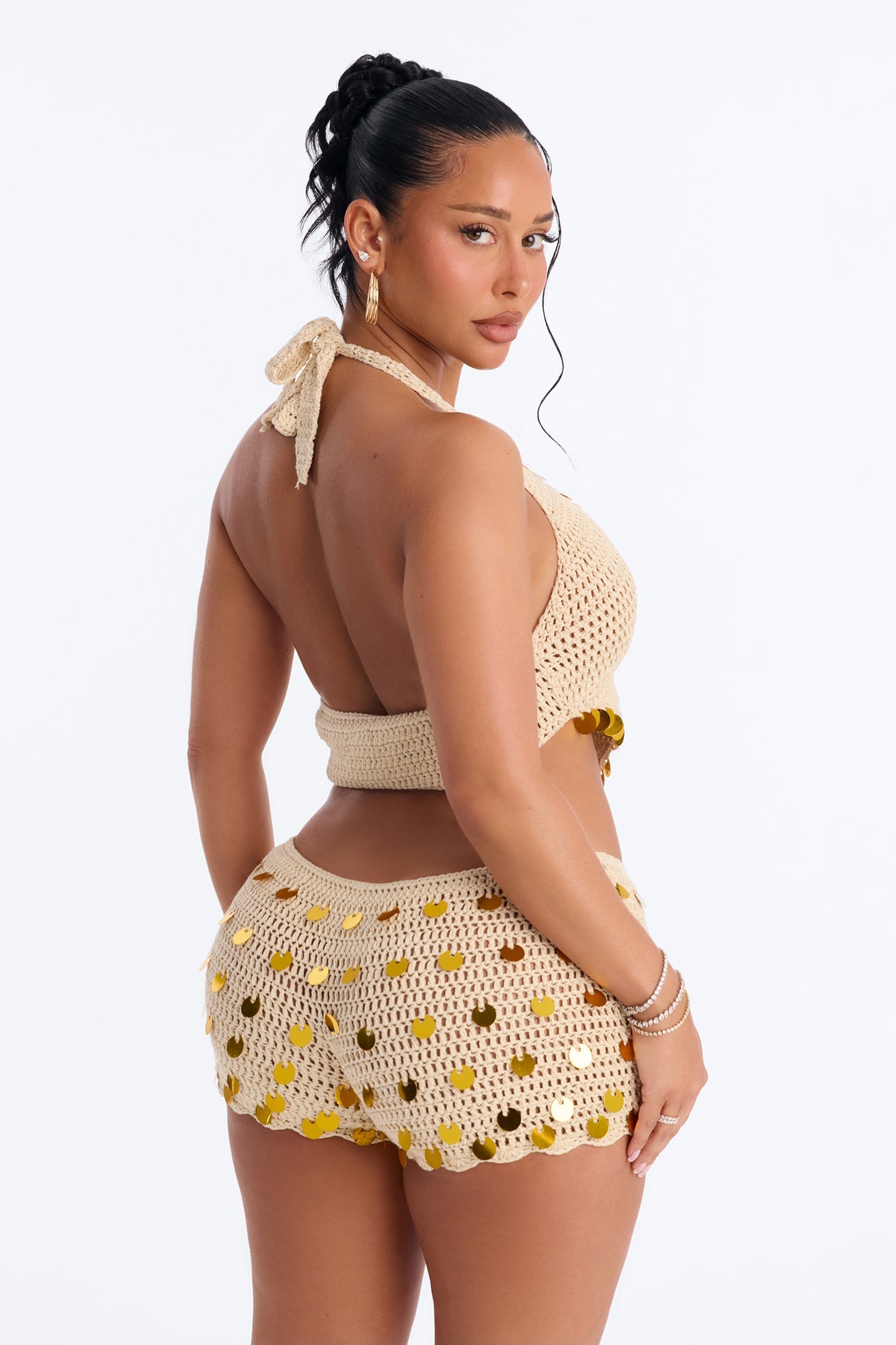 Meadow Crochet 2 Piece Embellished Halter Swim Cover Up & Short Set - Cream