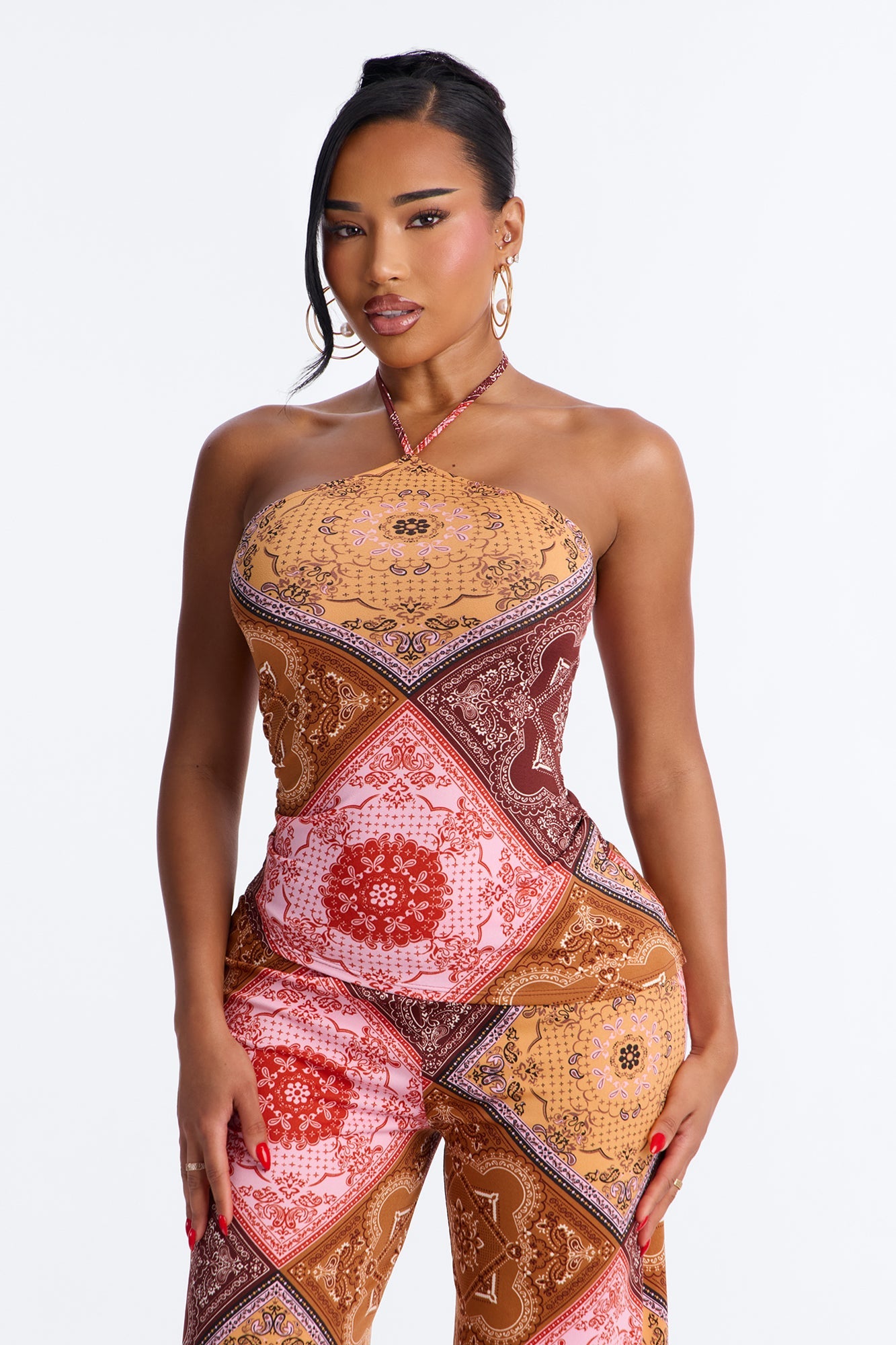 Heather Bandana Print Halter Pant Set - Pink/combo